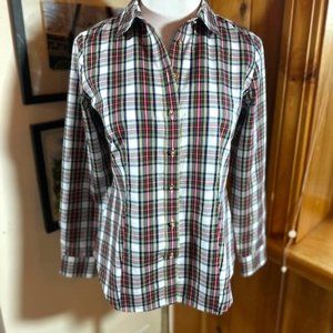 TALBOTS NWT Navy Red Yellow Green Tartan Plaid Gold Button Down Shirt – 0P